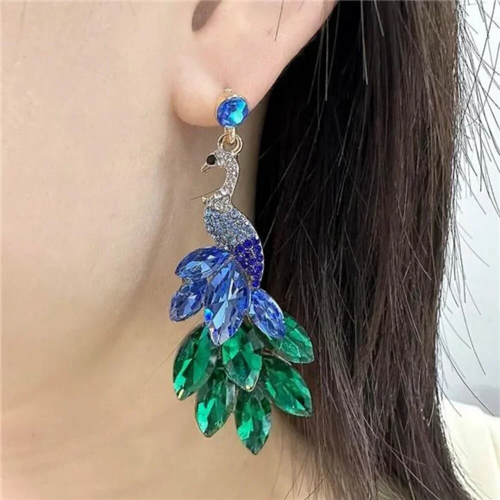 Peacock Dangle Earrings 14K Gold Plated Multicolors Crystal Feather
